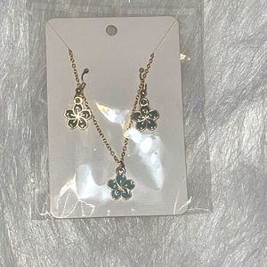 Homemade Gold Earring and Necklace Set Jewelry Light teal flowers